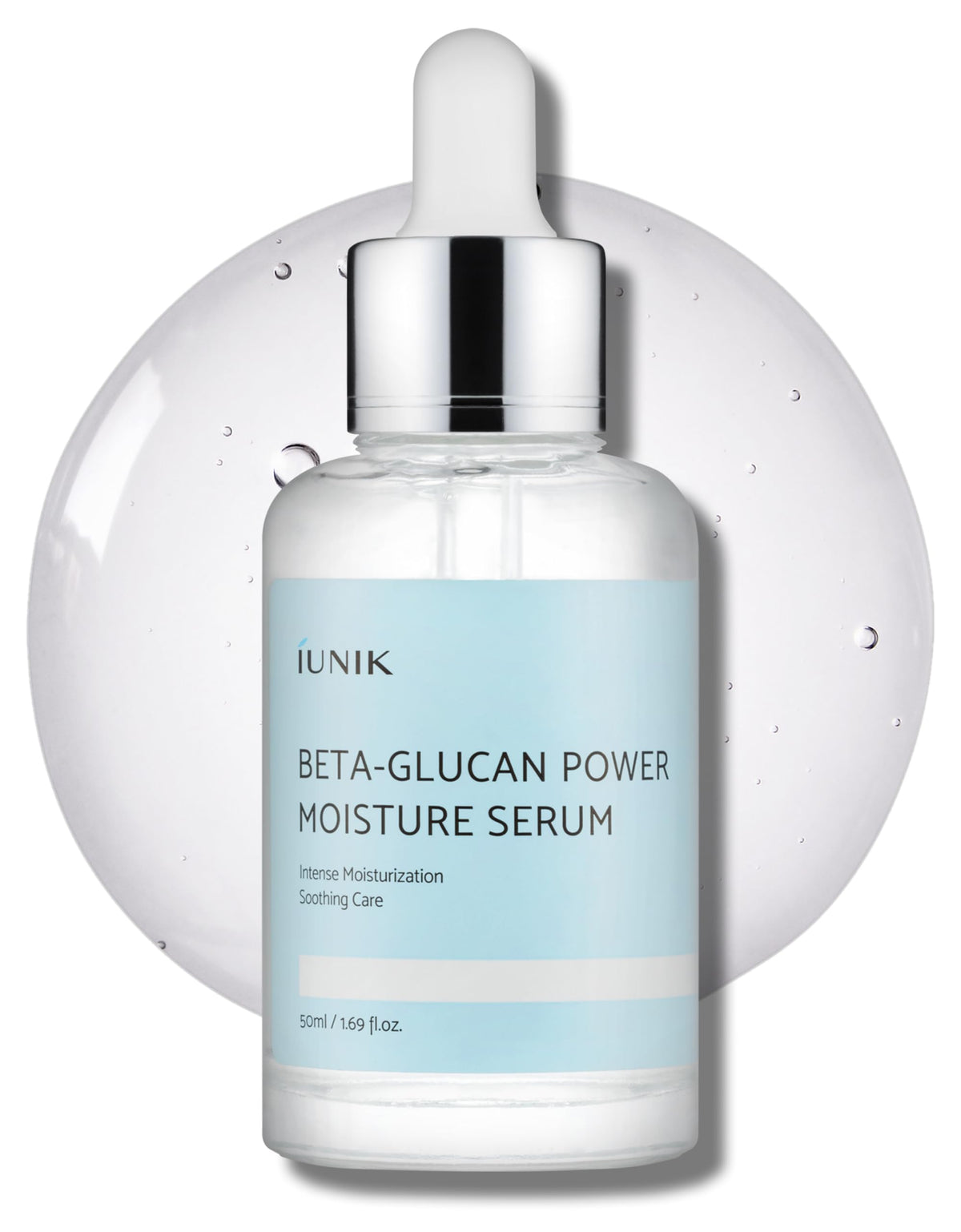 IUNIK Beta-Glucan Power Deep Moisture Serum: botella elegante para hidratación profunda.