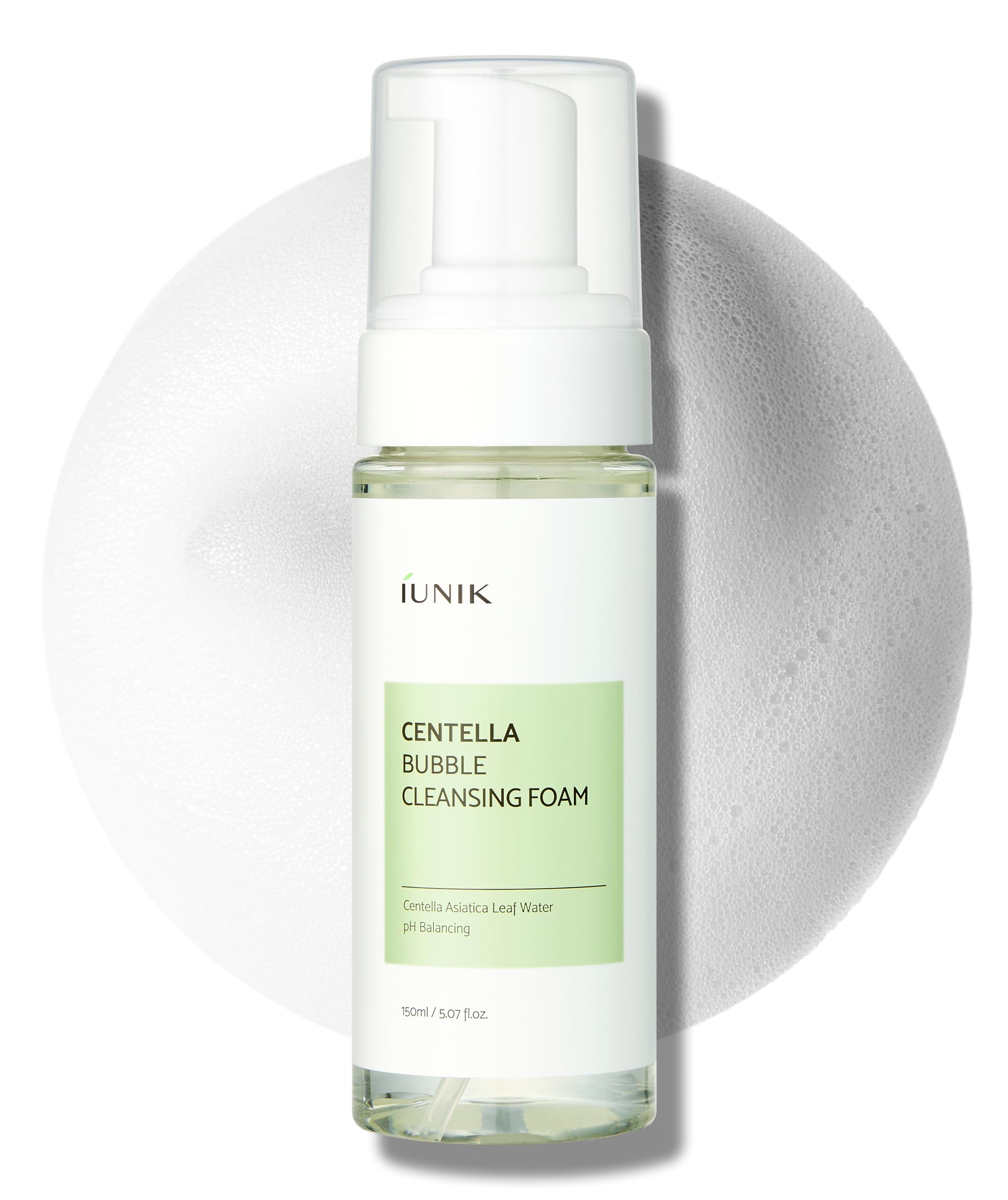 IUNIK Centella Bubble: botella frontal para uso diario de limpieza suave.