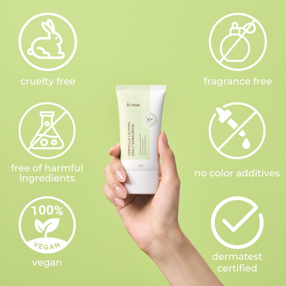IUNIK Centella Calming Protector Solar, absorción rápida sin grasa.