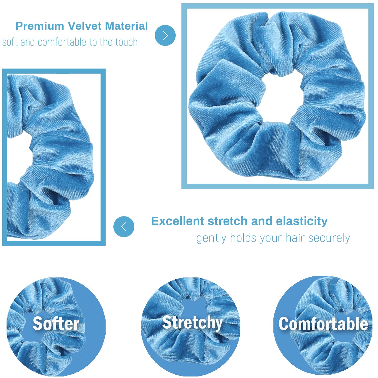 IVARYSS scrunchies velvet azul textura suave para cabello delicado.