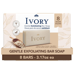 Ivory barra exfoliante en baño, escena diaria para piel limpia y suave.