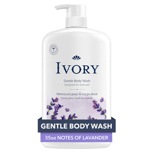 Ivory Gel de Ducha: botella derramando, lavado suave para piel sensible y uso diario
