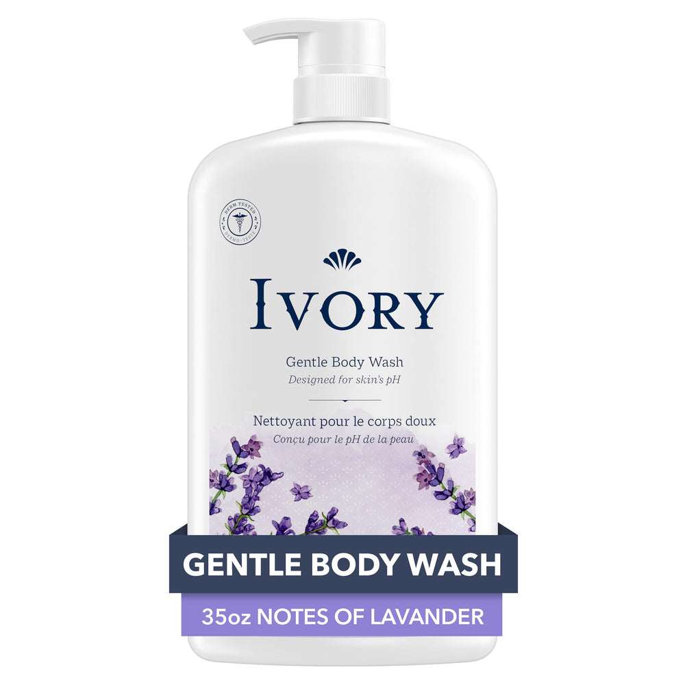 Ivory Gel de Ducha: botella derramando, lavado suave para piel sensible y uso diario