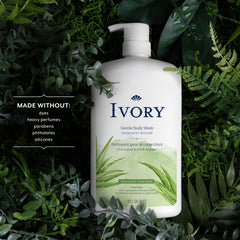 Ivory gel de ducha suave, etiqueta detalle, revela fórmula con 14 ingredientes.