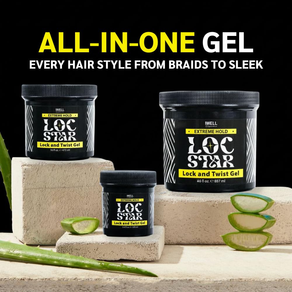 Gel IWELL Signature Loc Star con aloe vera para confort en el cuero cabelludo.