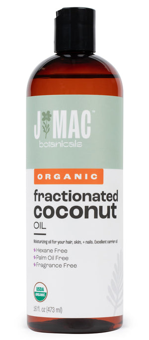 J MAC BOTANICALS aceite de coco fraccionado en botella, ideal para hidratación diaria