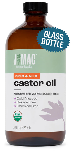 J MAC BOTANICALS aceite de ricino orgánico en envase de vidrio, listo para uso diario.