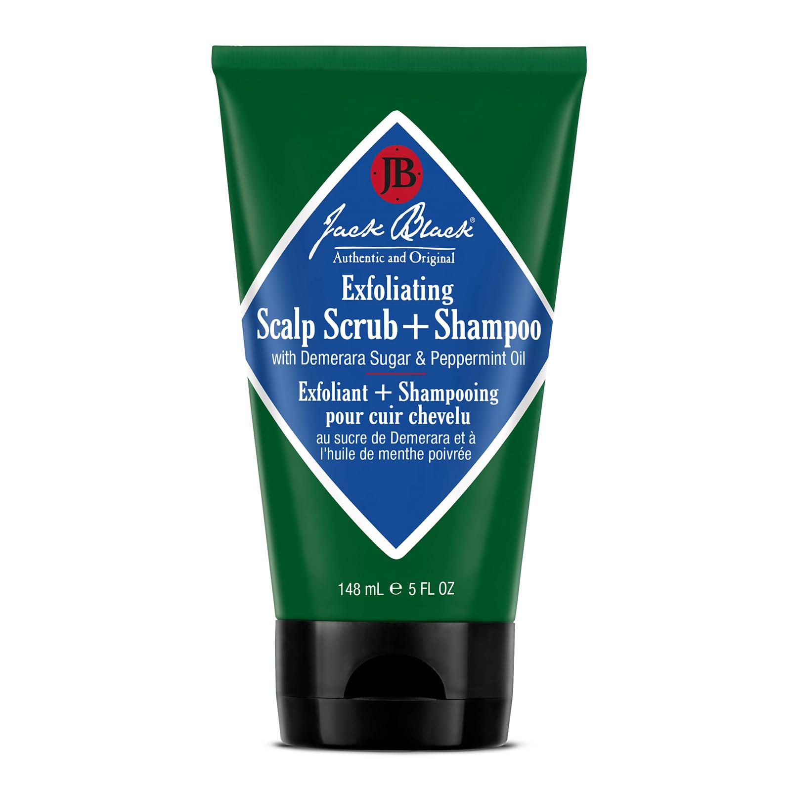 Jack Black exfoliante capilar, botella visible, facilita una limpieza suave diaria.