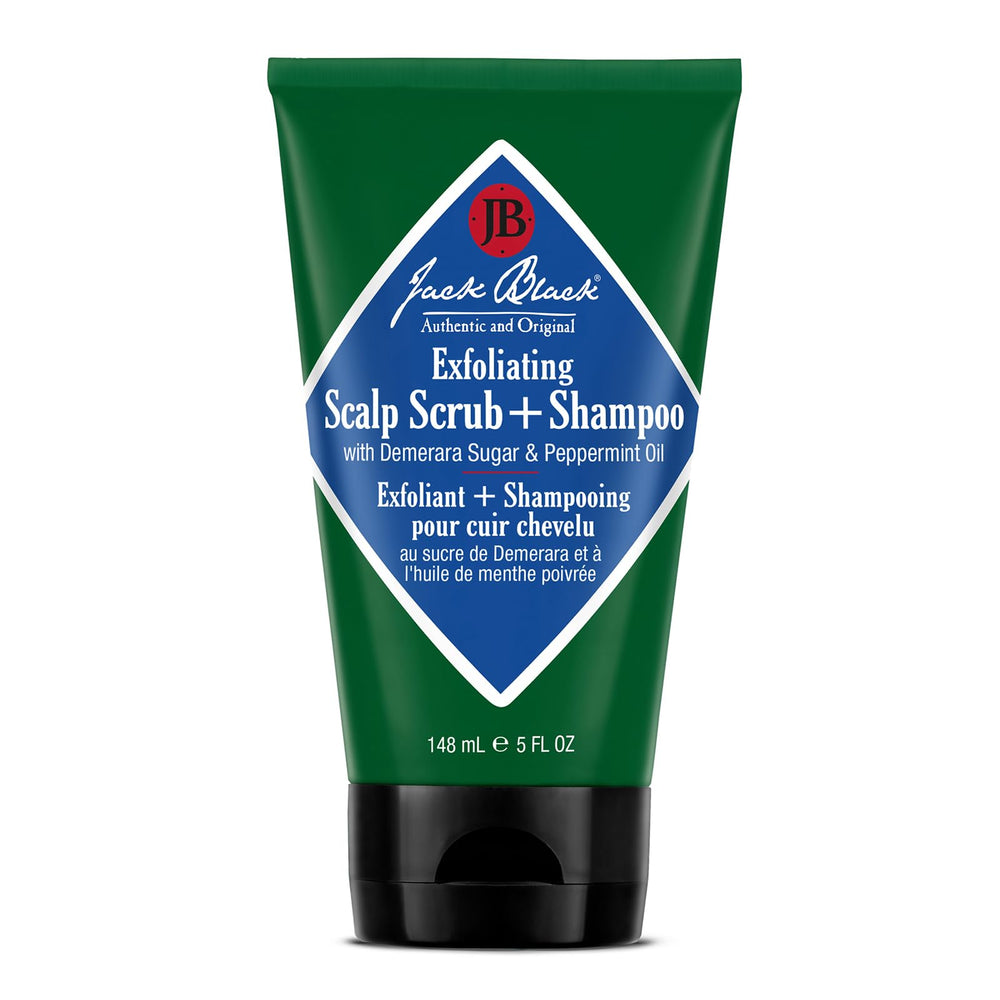 Jack Black exfoliante capilar, botella visible, facilita una limpieza suave diaria.