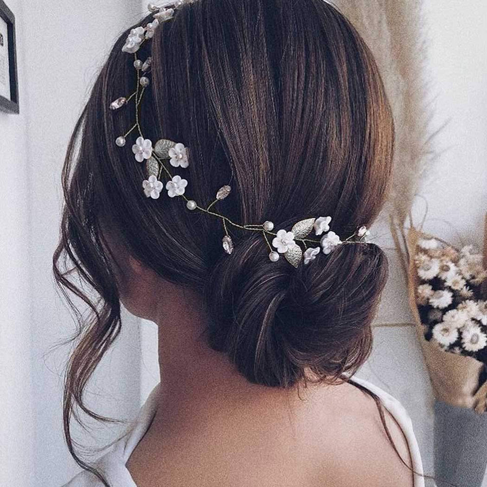 Cinta de pelo Jakawin con ramas florales plateadas para boda