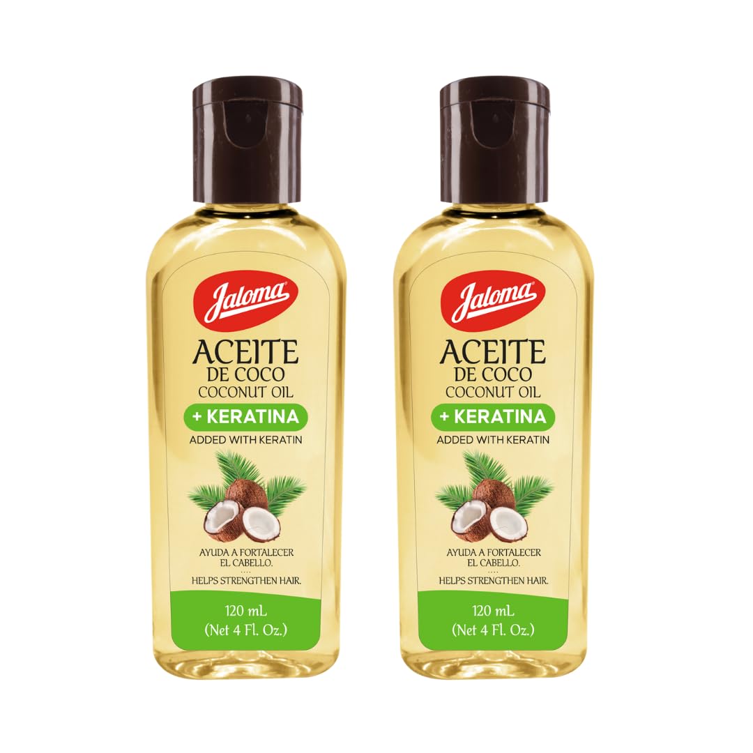 Jaloma Aceite de Coco con Keratina, frente de la botella, fortalece el cabello