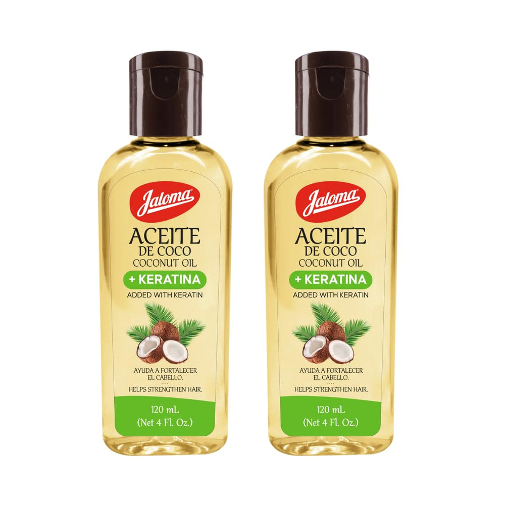 Jaloma Aceite de Coco con Keratina, frente de la botella, fortalece el cabello
