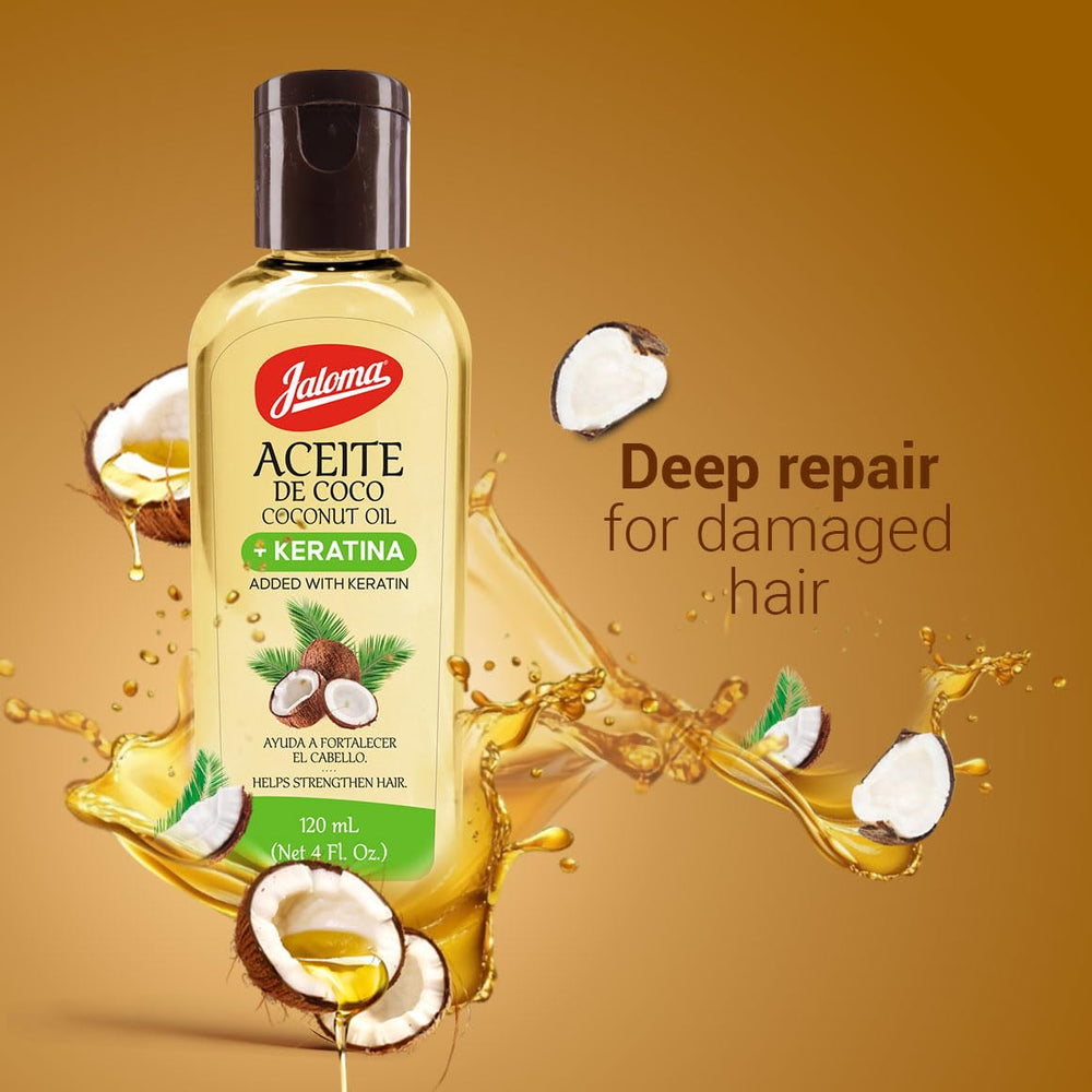 Jaloma Aceite de Coco con Keratina en envase de 4 oz, práctico.