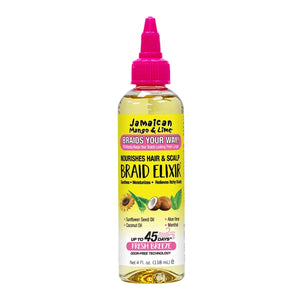 Elixir Jamaican Mango & Lime: botella derramando para aplicación rápida en trenzas y cuidado ligero.