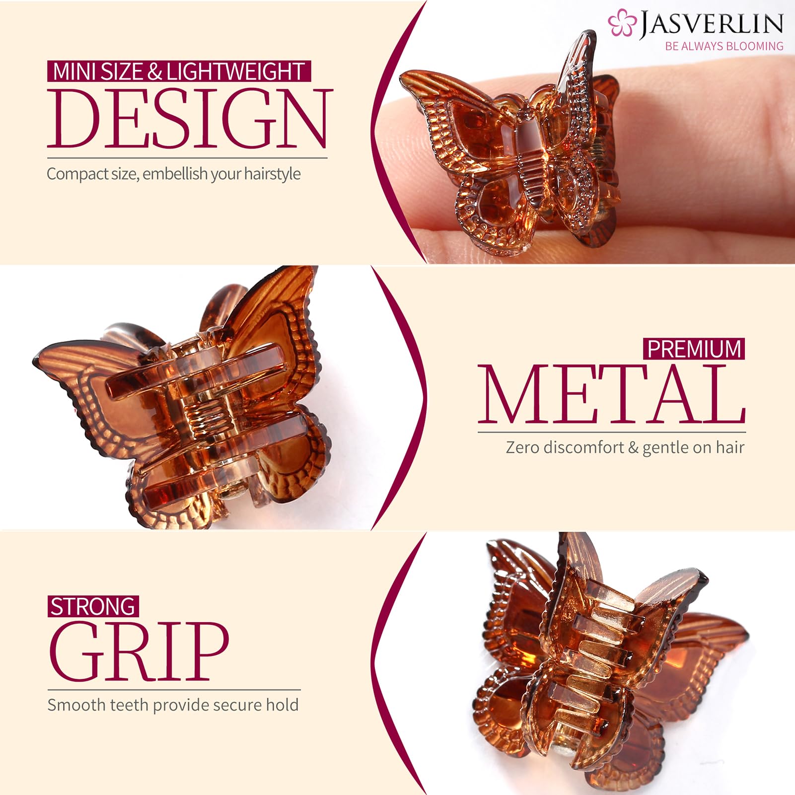 JASVERLIN mini mariposa, dientes suaves que protegen el cabello fino.