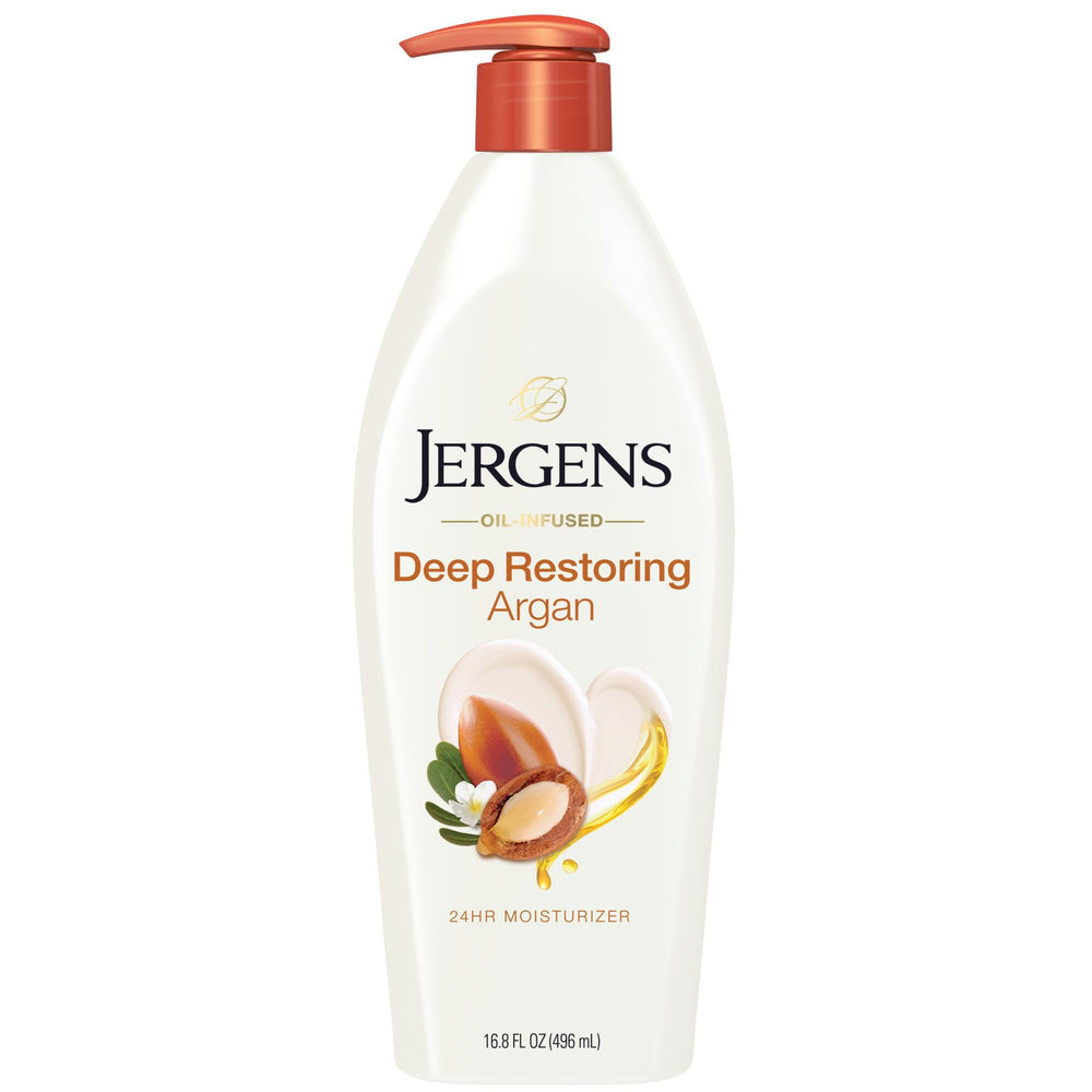 Jergens crema hidratante de argán y vitamina E en botella para hidratación diaria.