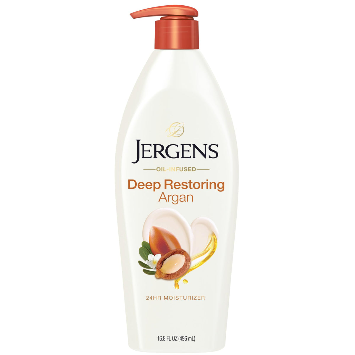 Jergens crema hidratante de argán y vitamina E en botella para hidratación diaria.
