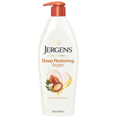Jergens crema hidratante de argán y vitamina E en botella para hidratación diaria.