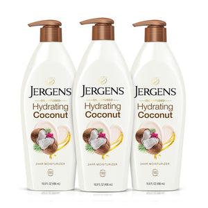 Jergens Hydrating Coconut Lotion bottle front view for smooth skin hydration.