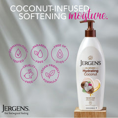 Jergens Hydrating Coconut non-greasy finish on skin after application.