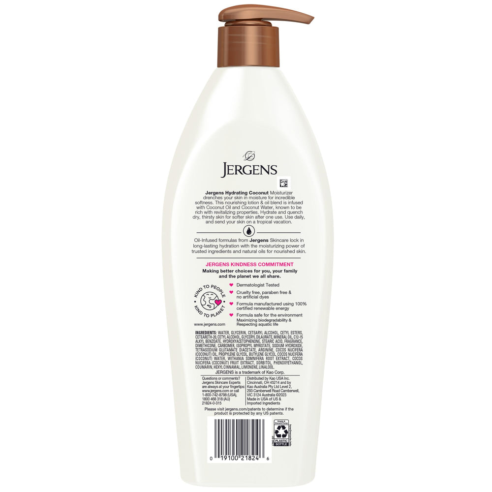 Tropical coconut aroma from Jergens lotion for daily rejuvenation.