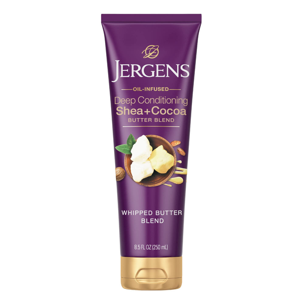Jergens manteca batida con karité y cacao para hidratación intensa de la piel.