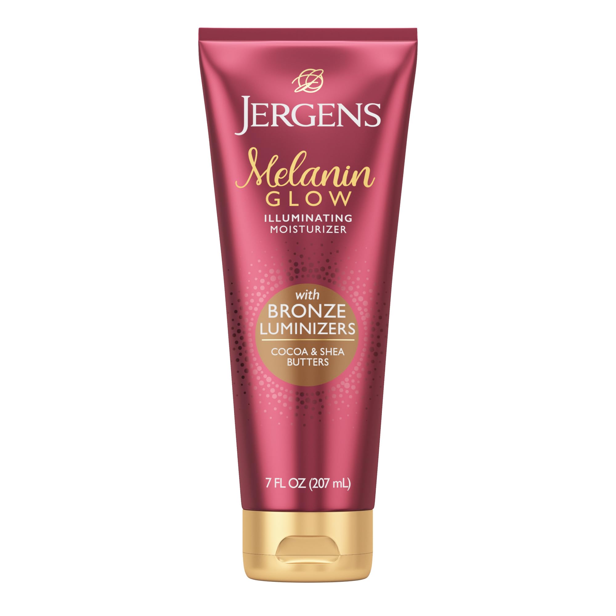 Jergens Melanin Glow en bote de 7 onzas, hidratante iluminador para uso diario.