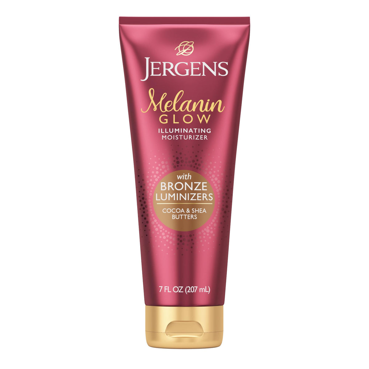 Jergens Melanin Glow en bote de 7 onzas, hidratante iluminador para uso diario.