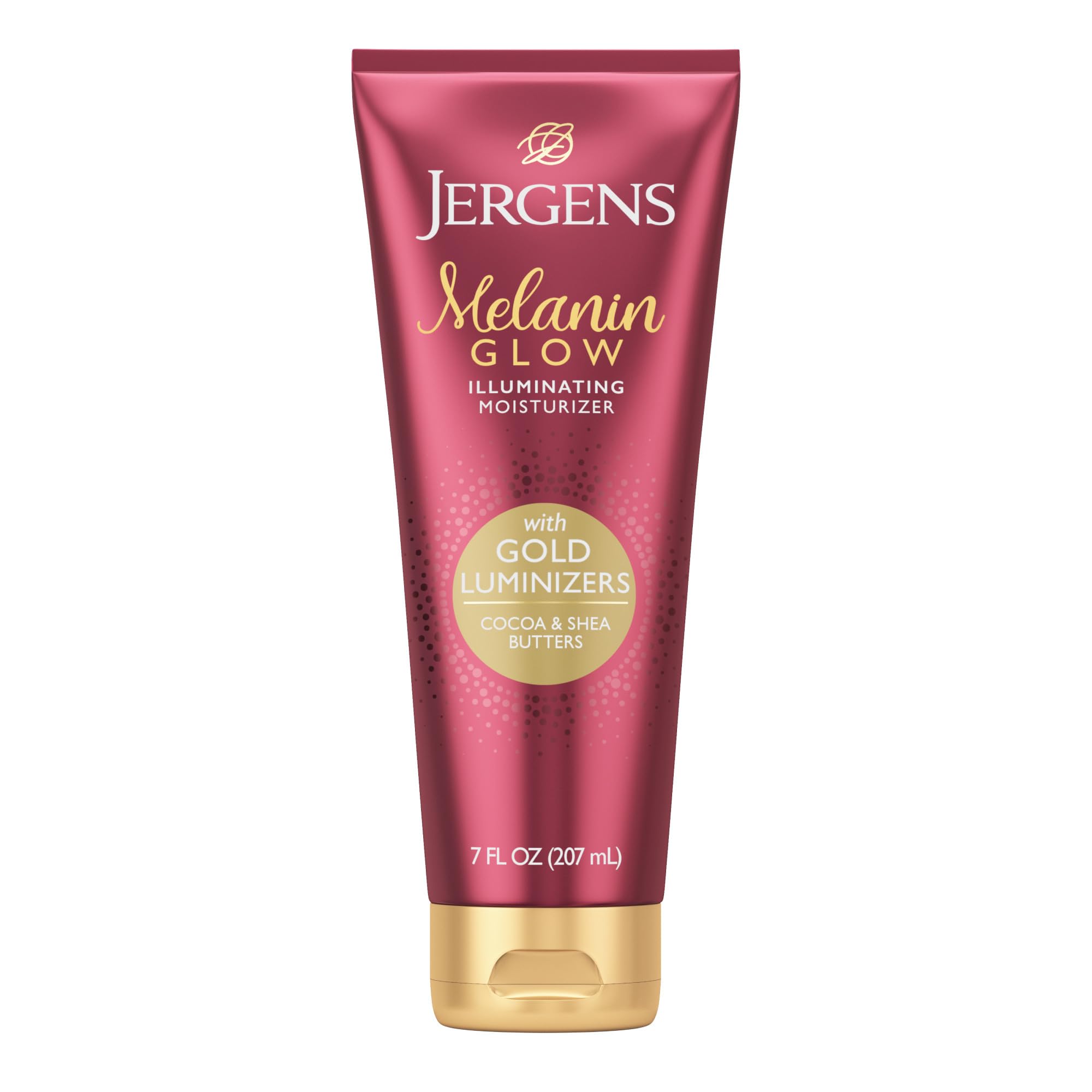 Jergens Melanin Glow con luminizadores dorados para un brillo sutil diario.
