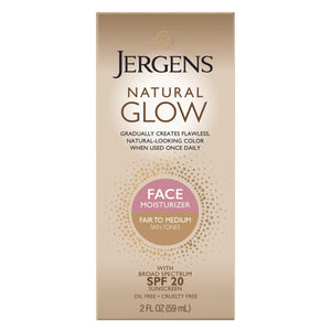 Jergens Natural Glow crema facial frente, tono suave para piel clara.