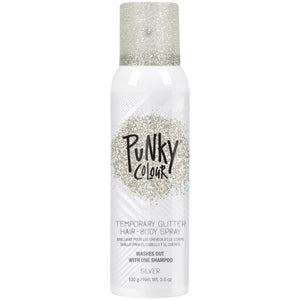 Jerome Russell Punky, spray purpurina plateado para cabello, brillo duradero y fácil lavado.
