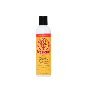 Jessicurl botella espumosa suave sin fragancia para limpieza delicada del cabello.
