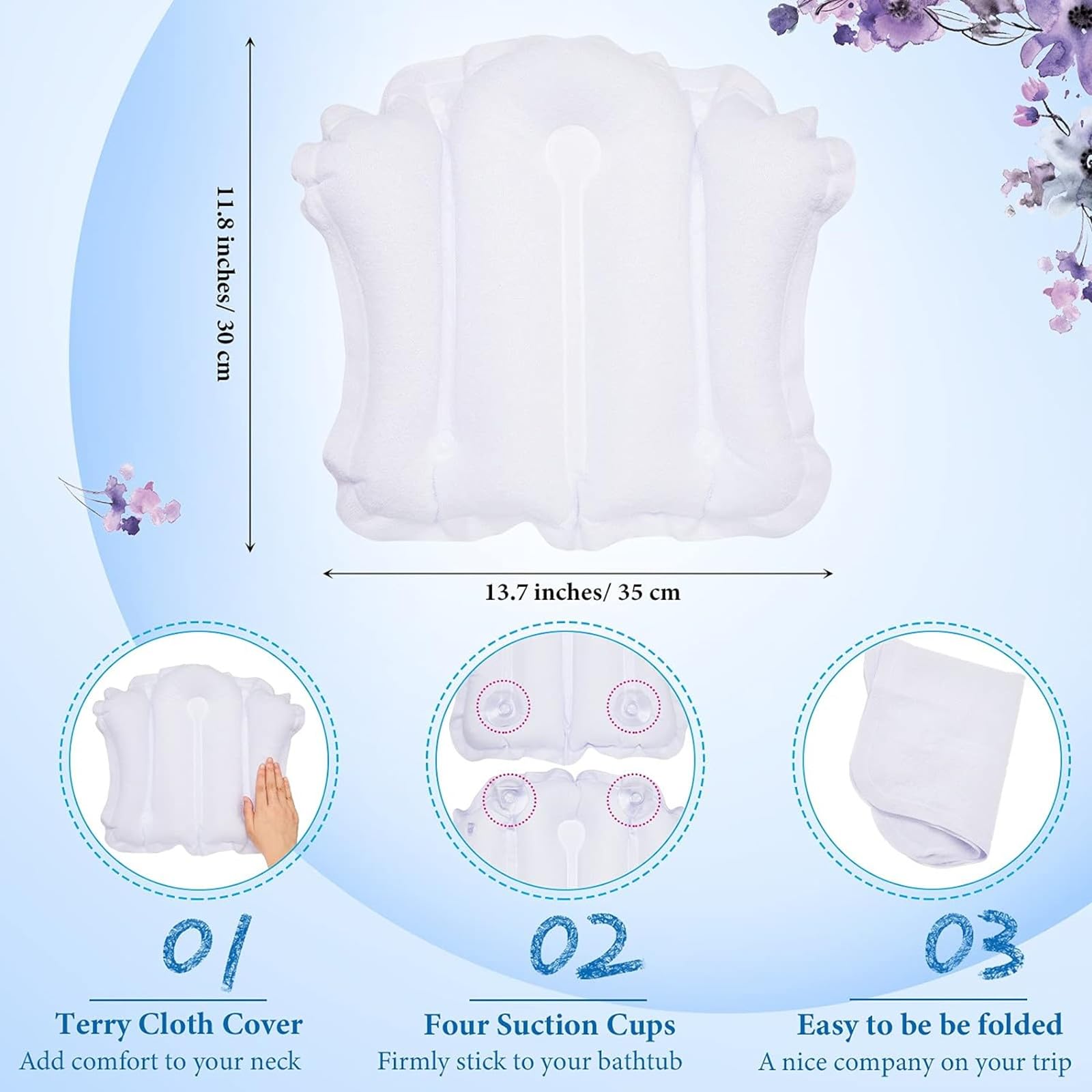 Jetec almohada inflable para baño, ventosas fijas para superficies lisas.
