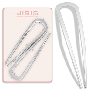 Pasadores JIRIS Franceses U plateados, primer plano, agarre firme para cabello grueso.