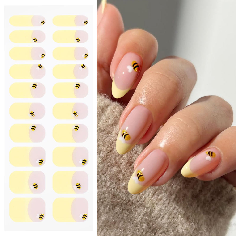 JMEOWIO pegatinas gel uñas abeja amarillo frente frances, acabado elegante.