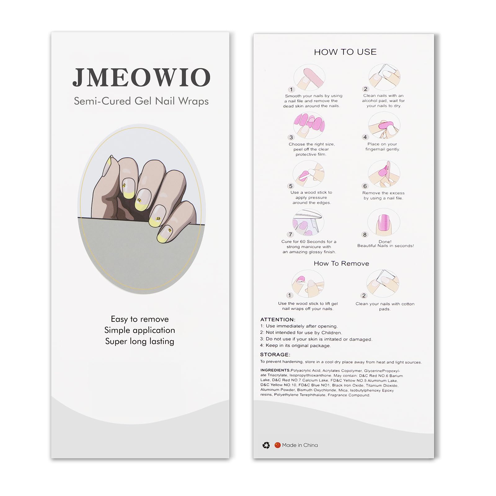 JMEOWIO pegatinas gel uñas, aptas para UV/LED y secado rápido.