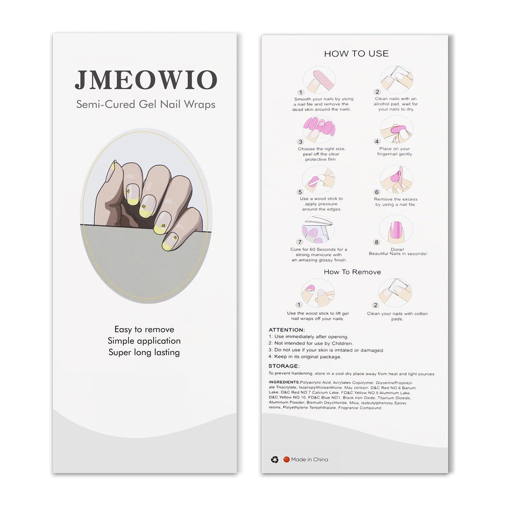 JMEOWIO pegatinas gel uñas, aptas para UV/LED y secado rápido.