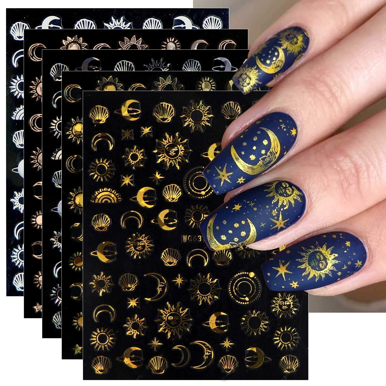 Pegatinas JMEOWIO con luna, estrella y sol para uñas, fáciles de usar.