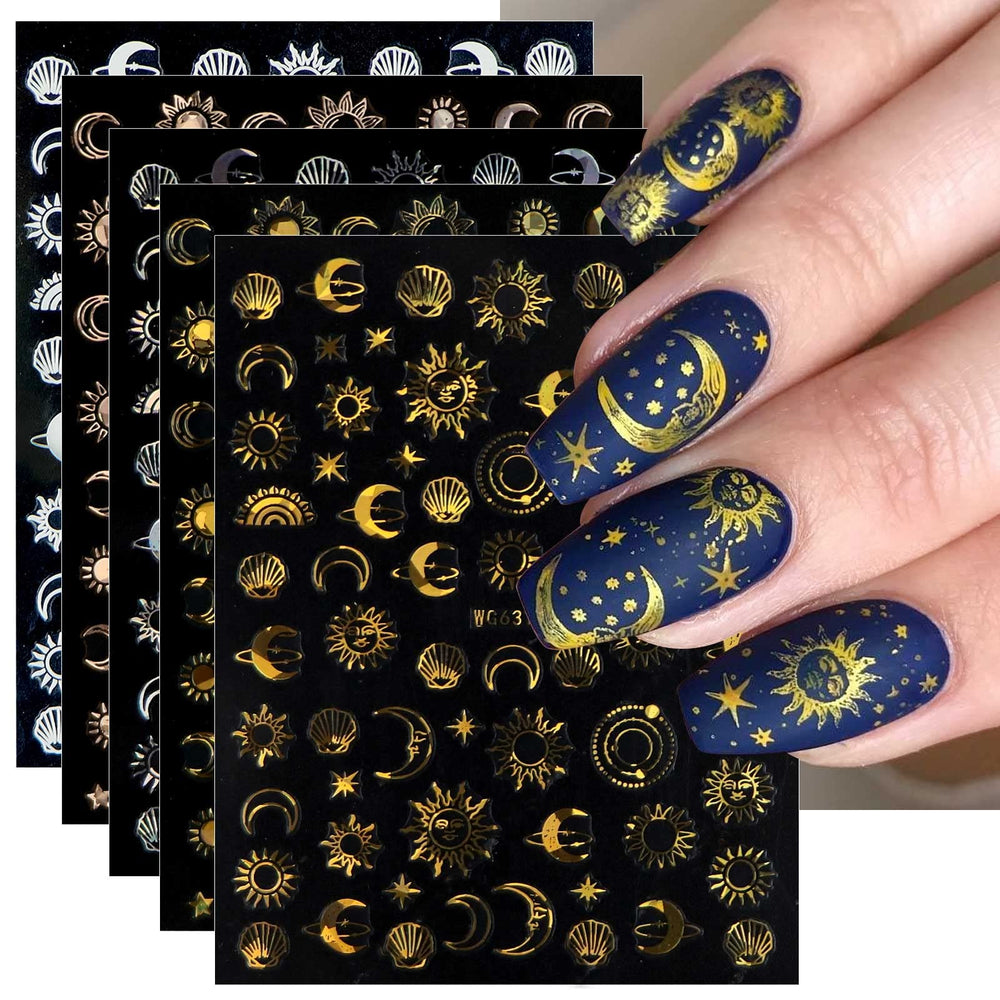 Pegatinas JMEOWIO con luna, estrella y sol para uñas, fáciles de usar.