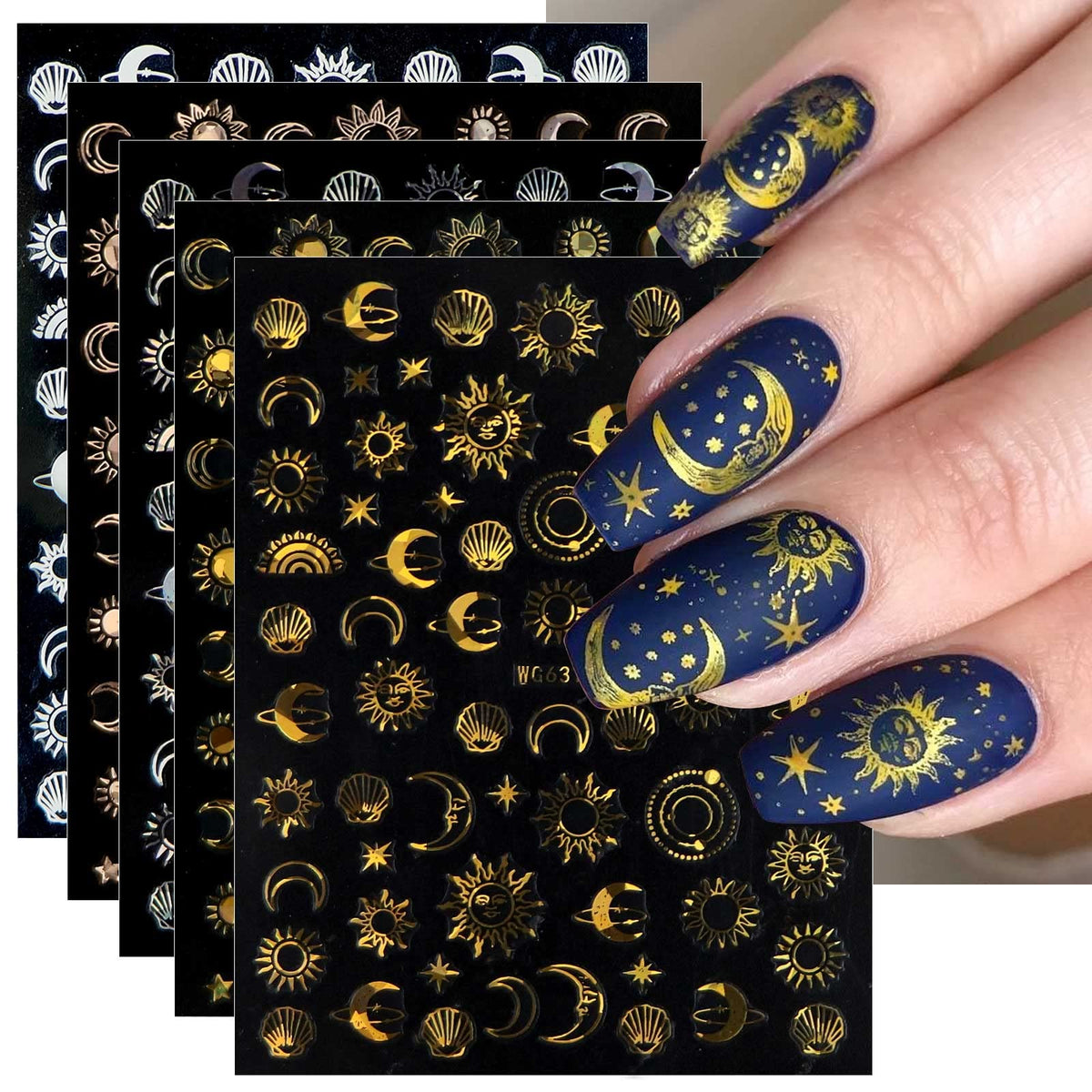 Pegatinas JMEOWIO con luna, estrella y sol para uñas, fáciles de usar.