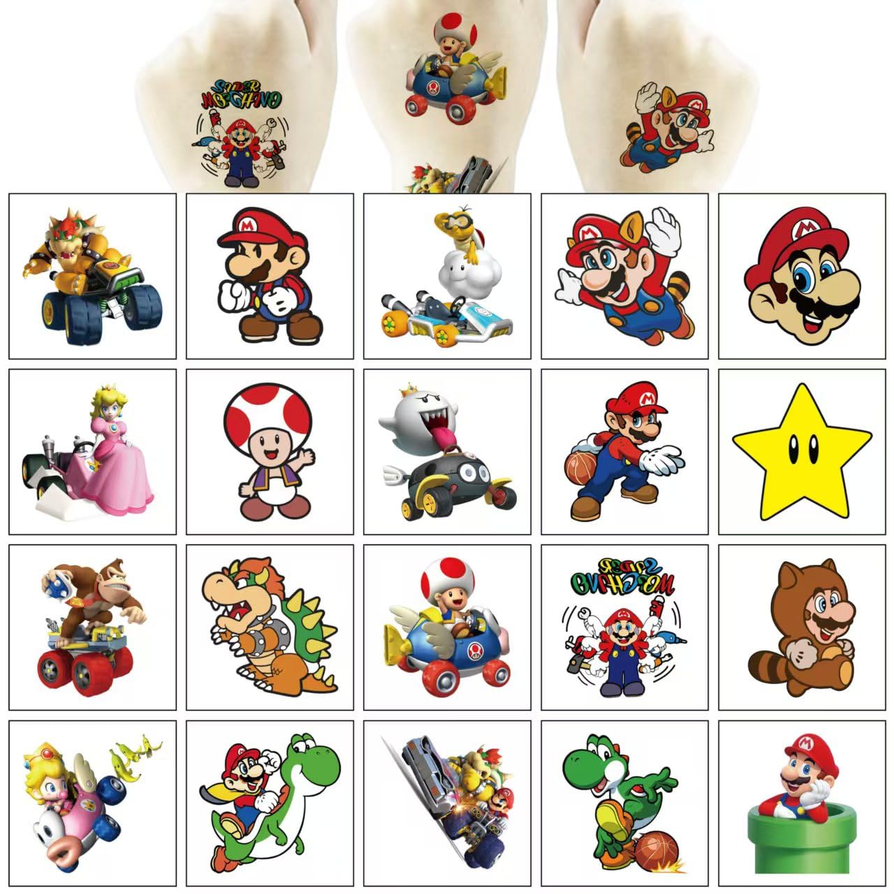 Tatuajes Mario de JMYUJX, diseños divertidos para regalos y premios.