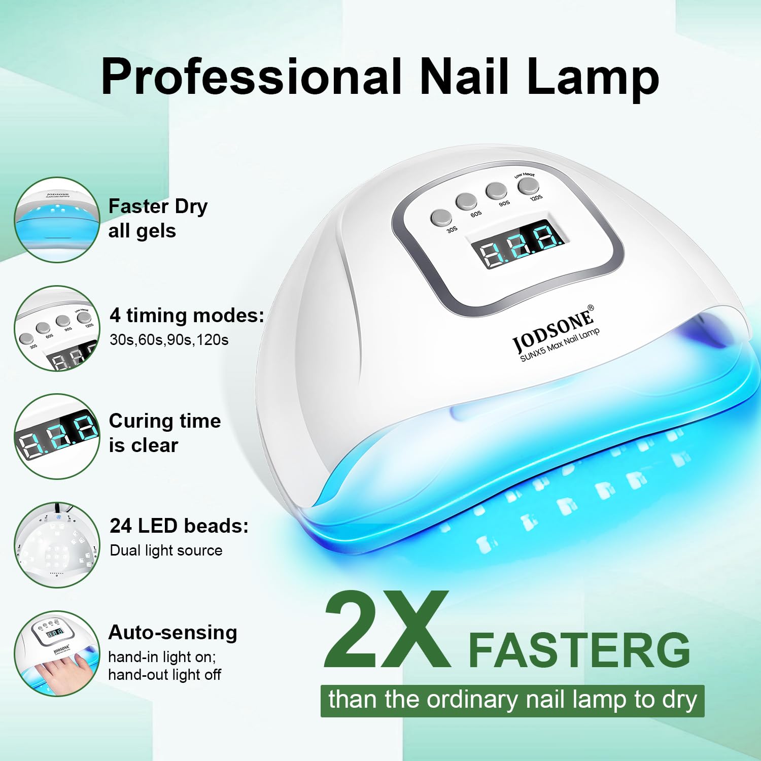 Lámpara profesional para uñas JODSONE que cura gel rápido y uniforme.
