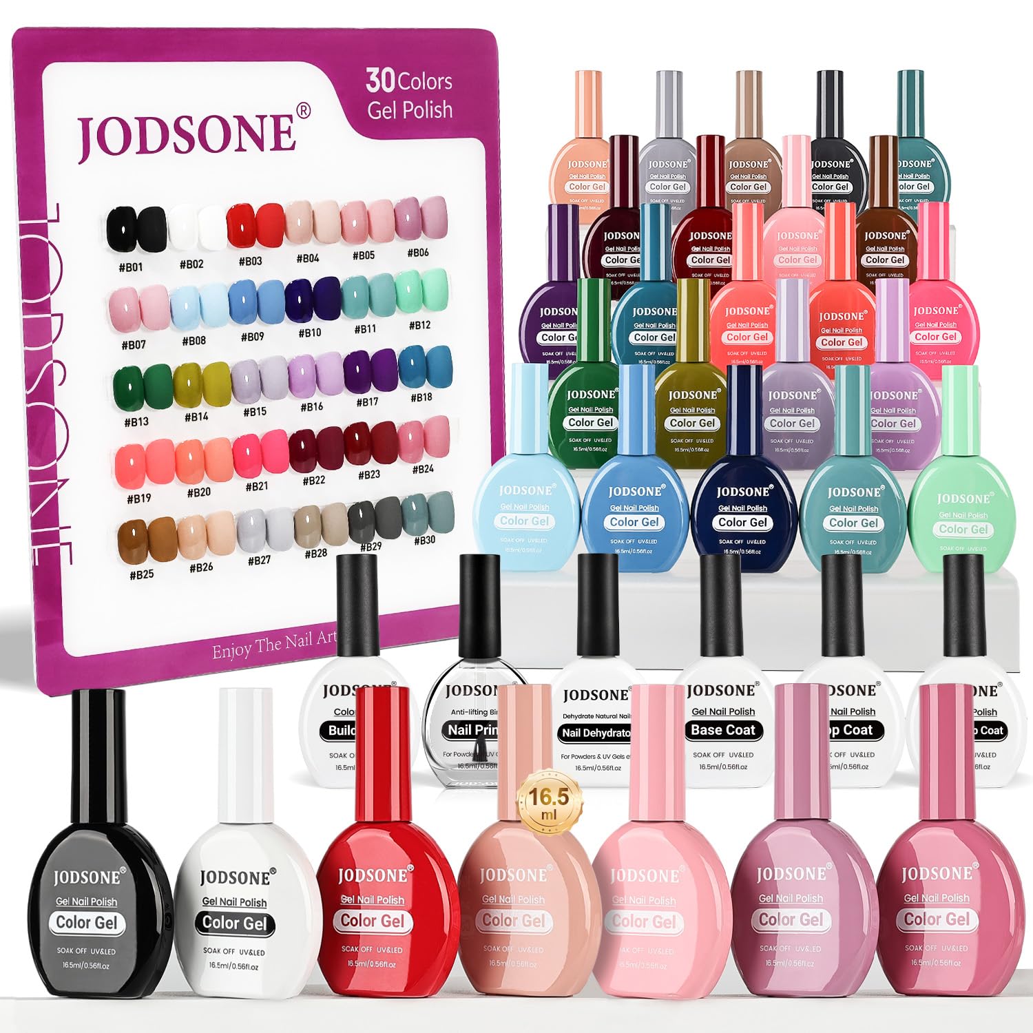 Esmaltes gel JODSONE en botes idénticos para manicuras en casa.