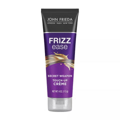 John Frieda Frizz Ease Secret Weapon crema, botella y acabado suave y brillante.