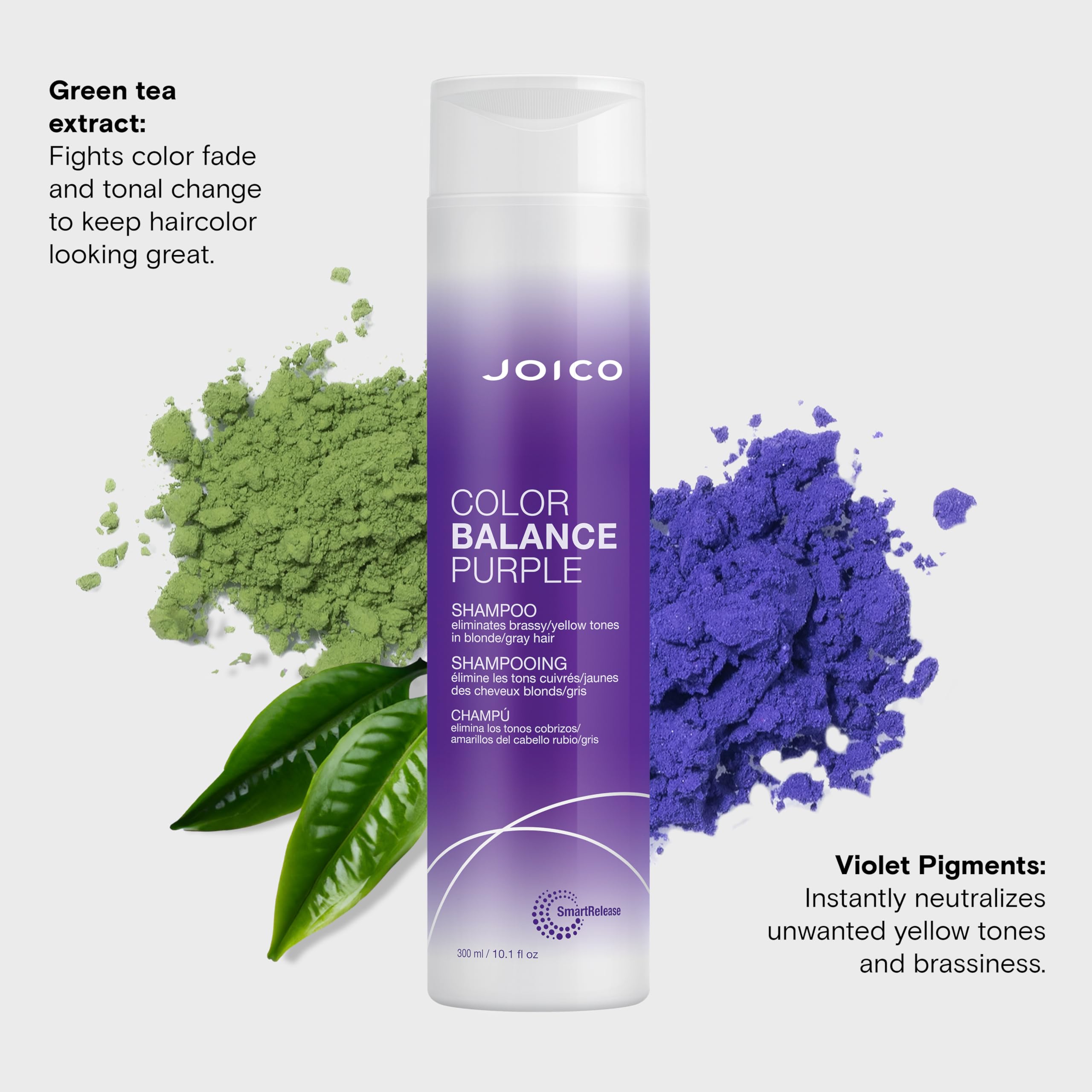 Joico Color Balance Purple Shampoo, cabello limpio y brillante tras lavado.