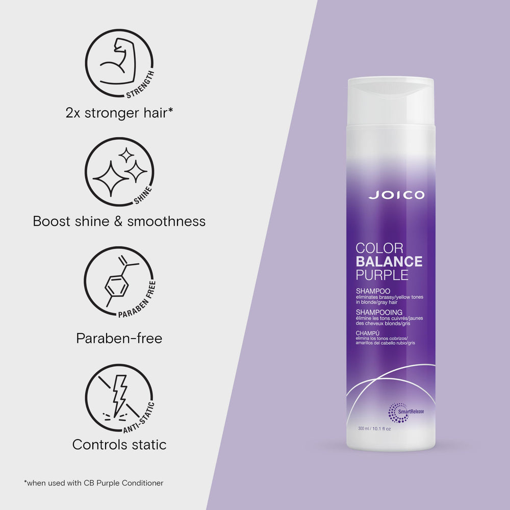 Joico Color Balance Purple Shampoo, espuma cremosa, aporta brillo y suavidad al cabello.