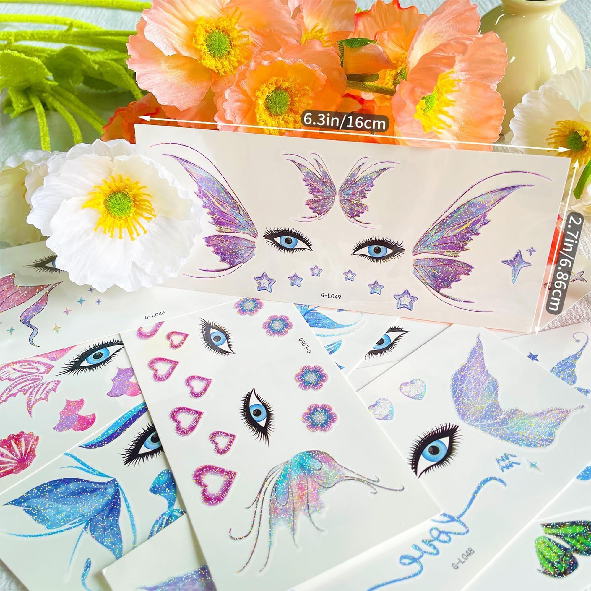 JoyfulGlam tatuajes florales: decoraciones versátiles para cuerpo y cara en fiestas.