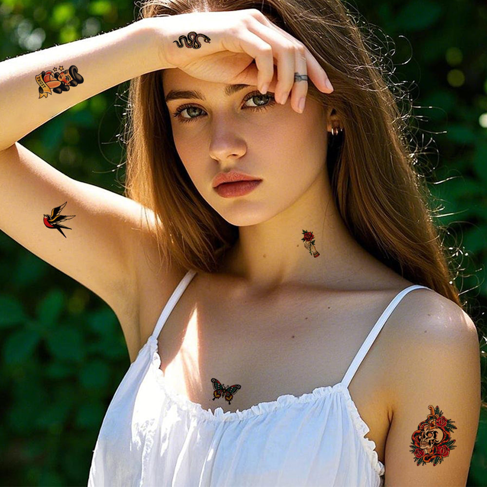 JoyfulGlam tatuajes retro colores vivos, variedad para combinar