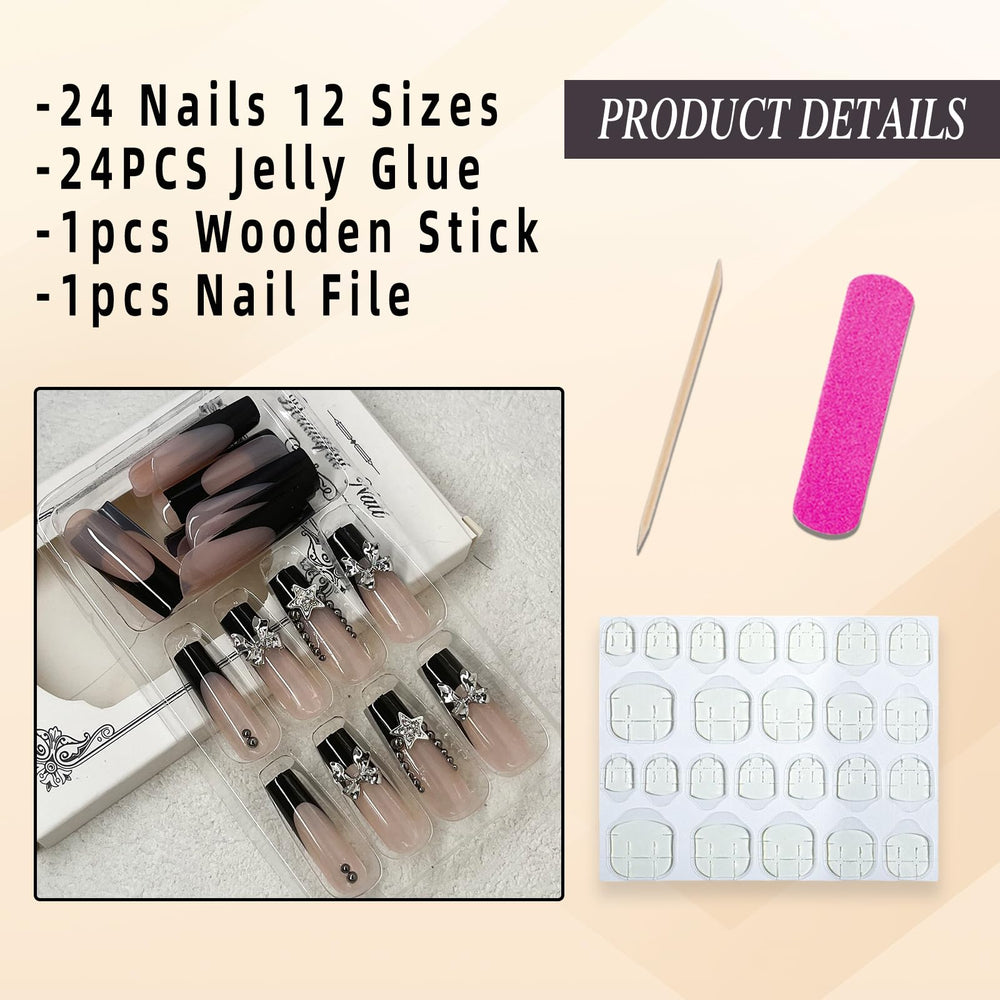 Uñas Jremg frances negras con cristales estrella plateados para brillos nocturnos.