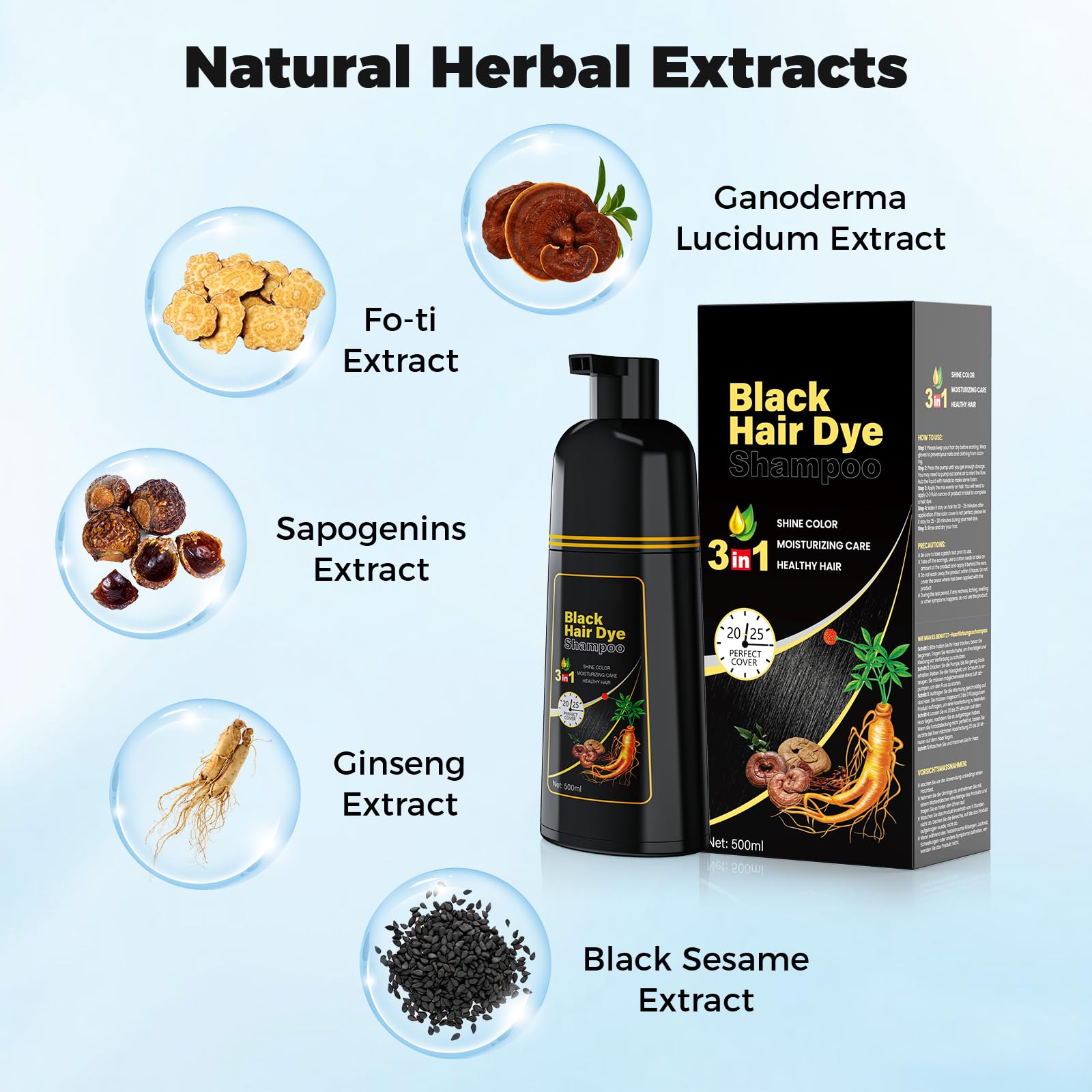 JUANCHI Tinte Negro Shampoo: extractos de ginseng y sésamo negro para cabello más fuerte